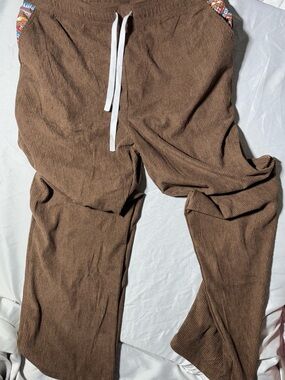 Men's Brown Corduroy Drawstring Pants with Patterned Pocket Trim